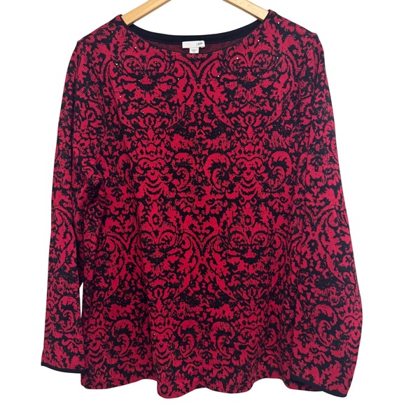 J Jill XL Top Red Black Damask Embellished Rhinestone Festive Long Sleeve Blouse - Picture 1 of 7